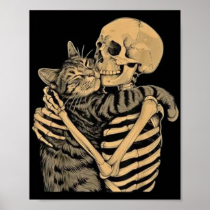 Póster Gato abrazando esqueleto – Regalo para amantes de