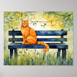 Póster Gato acuarela en el banco de parque