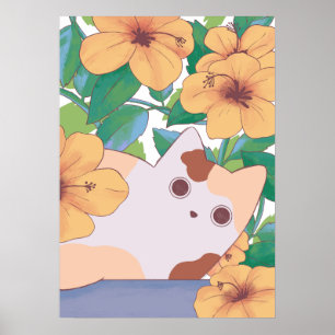 Póster Gato Adorable con Flores