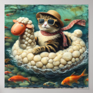 Póster Gato Adorable Con Flotador De Oveja