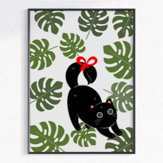 Póster Gato Adorable con Hojas de Monstera de Lazo