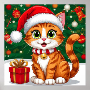 Póster Gato Adorable con Sombrero de Santa y Regalo