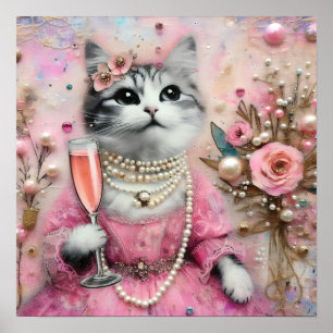 Póster Gato Adorable con un vestido rosa con perlas