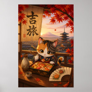 Póster Gato Adorable de Anime Japonés Kimono Monte Fuji O