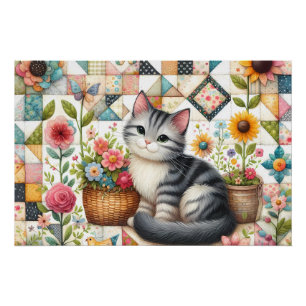 Póster Gato Adorable en Colcha Floral Cottagecore