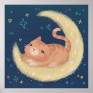 Póster Gato Adorable en la Luna