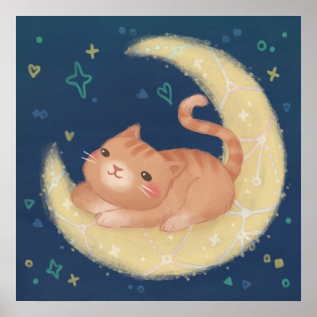 Póster Gato Adorable en la Luna (Frente)