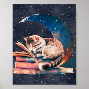 Póster Gato adorable en la luna leyendo un libro