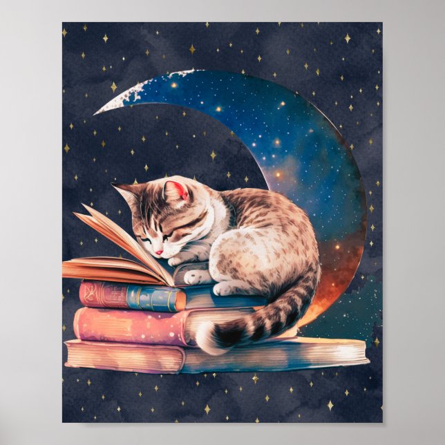 Póster Gato adorable en la luna leyendo un libro (Frente)