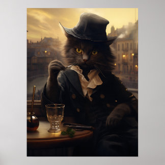 Póster Gato Adorable En Un Suelo Tomando Una Bebida En Pa