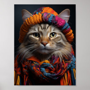 Póster Gato Adorable en una bufanda y Gorra