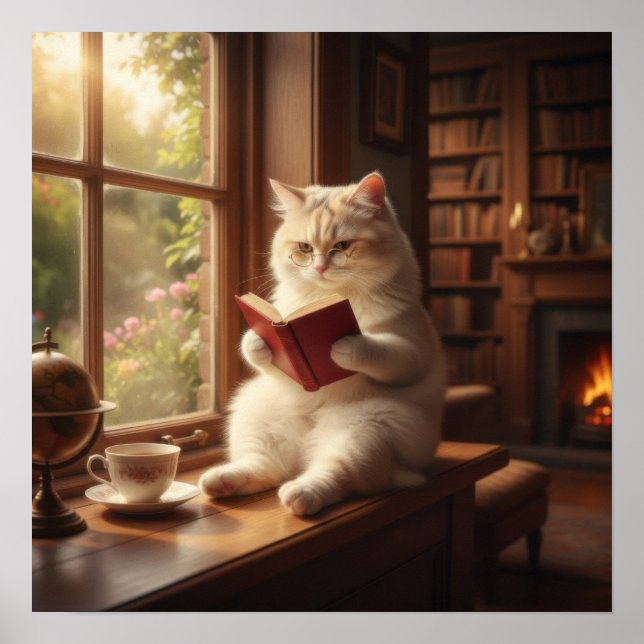 Póster Gato Adorable Leyendo (Frente)