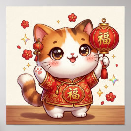 Póster Gato Afortunado Kawaii Fiesta Linterna Año Nuevo C