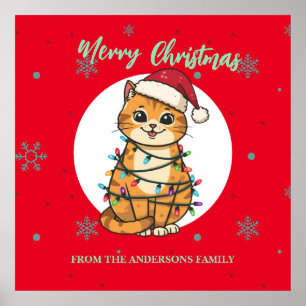 Póster Gato alegre rojo moderno copo de nieve de Navidad
