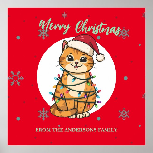 Póster Gato alegre rojo moderno copo de nieve de Navidad  (Frente)
