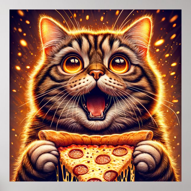 Póster Gato amante de la pizza con ojos anchos (Frente)