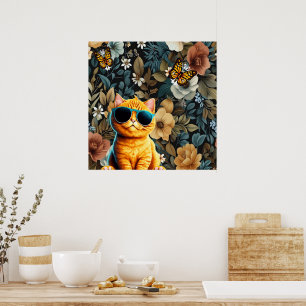 Póster Gato amarillo y mariposas en fondo floral