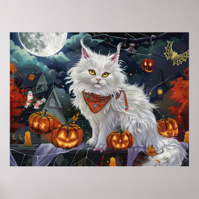 Póster Gato Angora Turco Halloween Espeluznante (Frente)