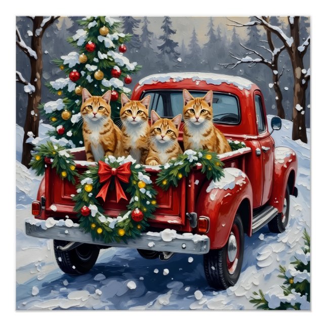 Póster Gato Angora Turco Navidad Camión Rojo Fiesta (Anverso)