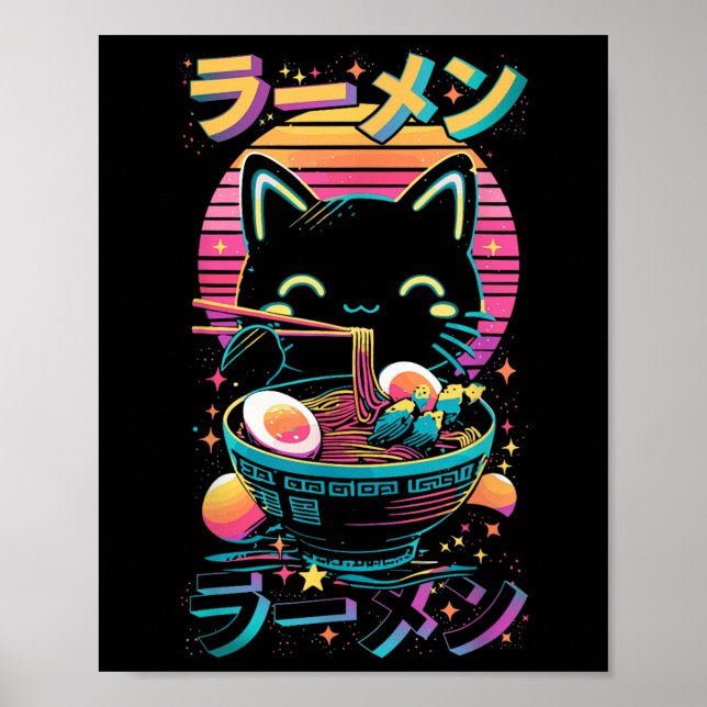 Póster Gato Anime Comiendo Ramen Gato Ramen Japonés Japón (Frente)