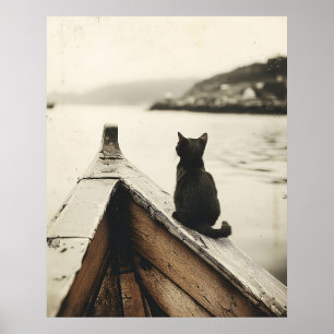 Póster Gato Antiguo en Barco Tono Sepia