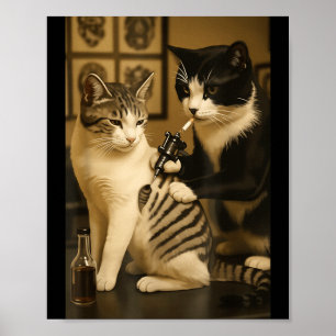 Póster Gato Antiguo Fumando Tatuaje Gato Tatuado Artista 