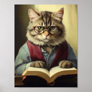 Póster gato antropomórfico leyendo un libro