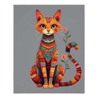 Póster Gato artístico lindo con rama floral