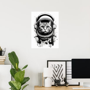Póster Gato Astronauta Blanco y Negro