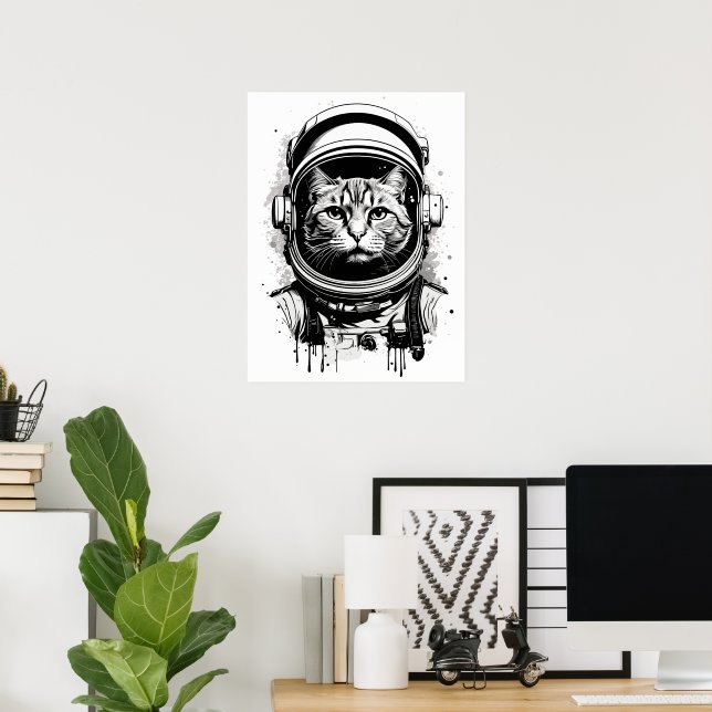 Póster Gato astronauta blanco y negro (Oficina en casa)