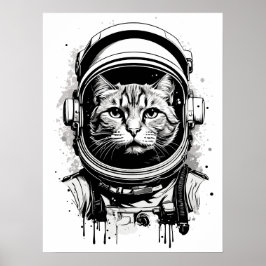 Póster Gato astronauta blanco y negro