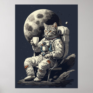 Póster Gato Astronauta Tomando Taza de Café