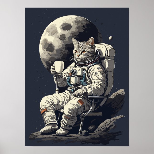 Póster Gato Astronauta Tomando Taza de Café (Frente)