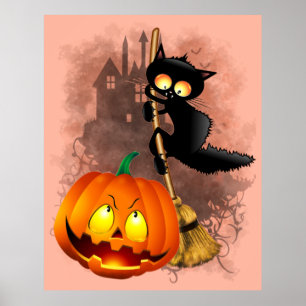 Póster Gato asustado por un personaje de Halloween divert