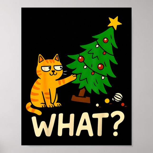 Póster Gato atigrado de Navidad empujando el árbol de Nav (Frente)