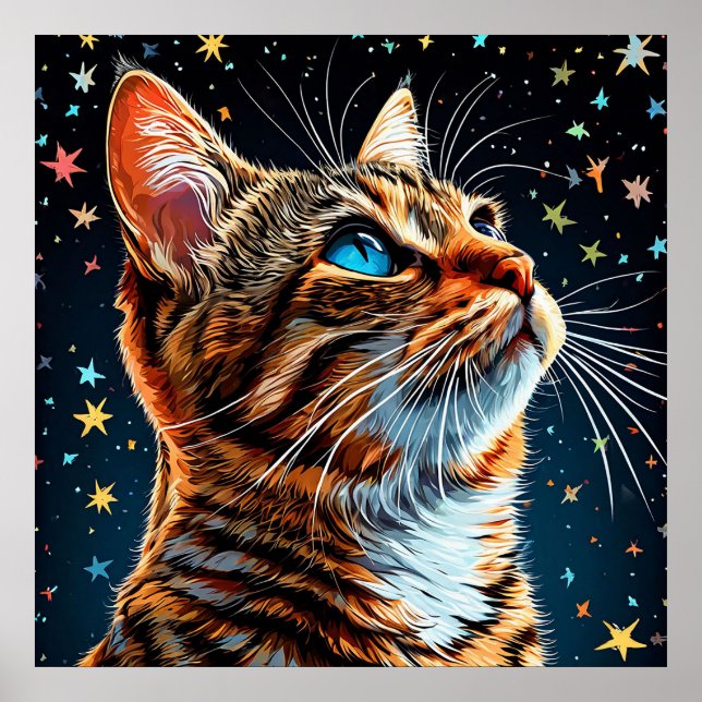 Póster Gato Atigrado de Ojos Azules Contempla el Cielo No (Frente)