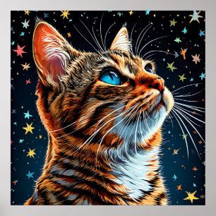 Póster Gato atigrado de ojos azules mira el cielo nocturn