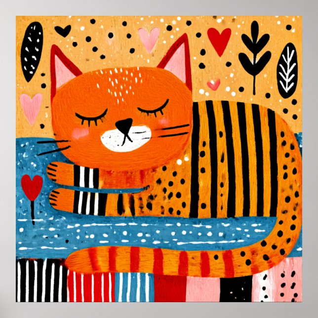 Póster Gato atigrado naranja, diseño colorido, (Frente)