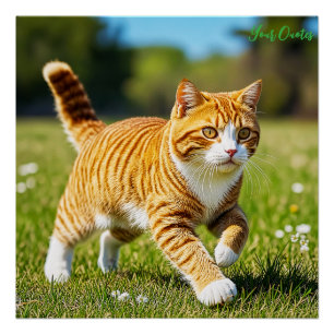 Póster Gato atigrado naranja realista en prado soleado