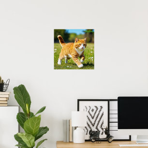 Póster Gato atigrado naranja realista en prado soleado
