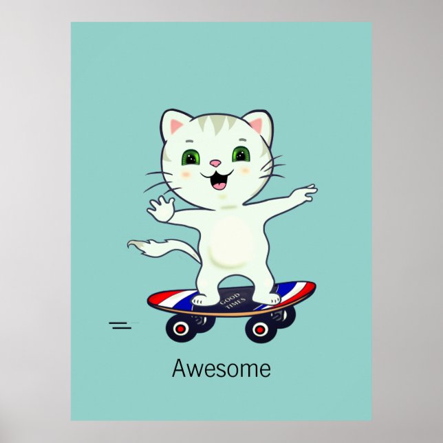 Póster Gato atigrado patinador divertido (Frente)