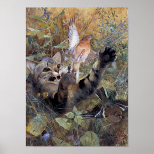 Póster Gato atrapando un pájaro, Bruno Liljefors