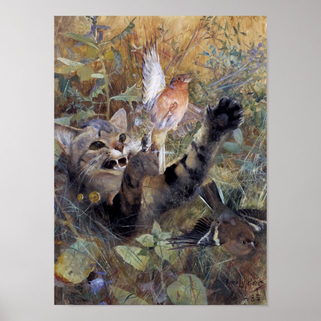 Póster Gato atrapando un pájaro, Bruno Liljefors (Frente)