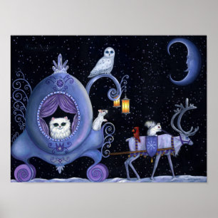 Póster Gato Azul Carruaje Invierno Búho Nevado Ciervo Bla
