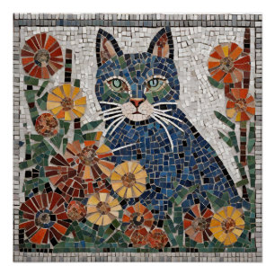 Póster Gato azul con mosaico de flores