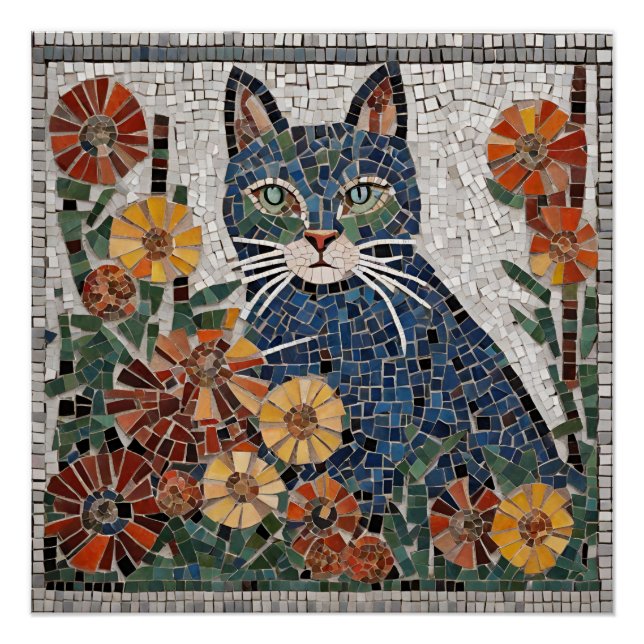 Póster Gato azul con mosaico de flores (Anverso)