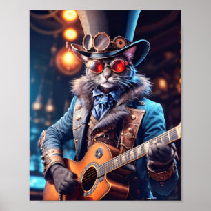 Póster Gato azul con vestido steampunk tocando la guitarr