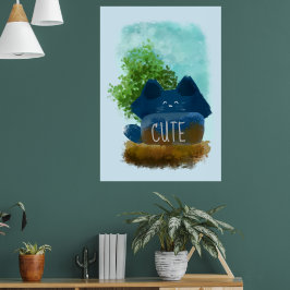 Póster Gato azul esponjoso oculto de dibujos animados lin