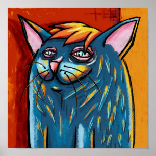 Póster Gato azul feliz lindo digital al pastel al óleo