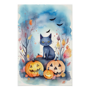 Póster Gato Azul Oriental de Halloween con Calabazas Espe